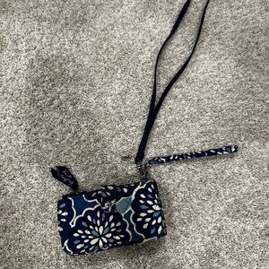 Vera Bradley Blue and Cream Floral Wristlet with Phone Pocket and Lanyard